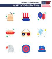 9 USA Flat Pack of Independence Day Signs and Symbols of glasses hot i balloons food hot dog Editable USA Day Vector Design Elements