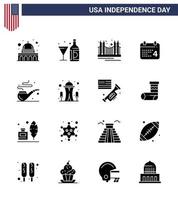 16 signos de glifo sólido de estados unidos celebración del día de la independencia símbolos de fecha calendario vidrio punto de referencia de estados unidos elementos de diseño de vector de día de estados unidos editables