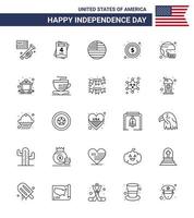 Set of 25 Vector Lines on 4th July USA Independence Day such as helmet american flag sign money Editable USA Day Vector Design Elements