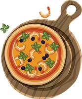 hand drawn pizza with shrimps on cutting board illustration vector