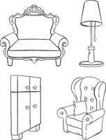 Set of furniture for rest and sleep outline. Sofa, armchair, bed. illustration vector