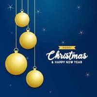 Christmas blue background with hanging shining golden balls. Merry christmas greeting card. Holiday Xmas and New Year poster. web banner vector