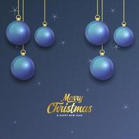 feliz navidad banner azul oscuro con bolas. tarjeta de Navidad vector