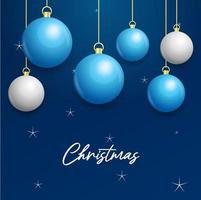 Christmas blue background with hanging shining white and Silver balls. Merry christmas greeting card vector