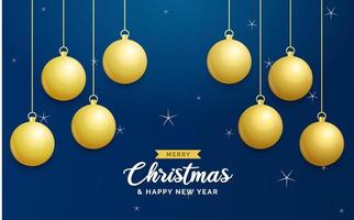 Christmas blue background with hanging shining golden balls. Merry christmas greeting card. Holiday Xmas and New Year poster. web banner vector