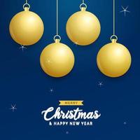 Christmas blue background with hanging shining golden balls. Merry christmas greeting card. Holiday Xmas and New Year poster. web banner vector