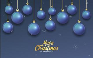 feliz navidad banner azul oscuro con bolas. tarjeta de Navidad vector