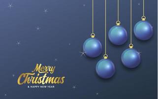 feliz navidad banner azul oscuro con bolas. tarjeta de Navidad vector