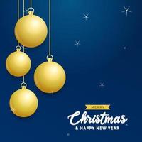 Christmas blue background with hanging shining golden balls. Merry christmas greeting card. Holiday Xmas and New Year poster. web banner vector