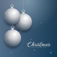 Vector Christmas banner with decorations. Merry Christmas text. silver ornaments on blue background