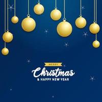 Christmas blue background with hanging shining golden balls. Merry christmas greeting card. Holiday Xmas and New Year poster. web banner vector