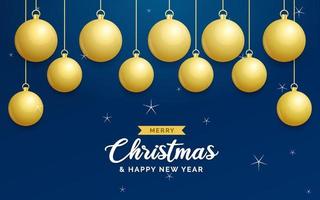 Christmas blue background with hanging shining golden balls. Merry christmas greeting card. Holiday Xmas and New Year poster. web banner vector