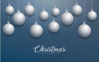 banner de navidad vectorial con decoraciones. texto de feliz navidad. adornos de plata sobre fondo azul vector