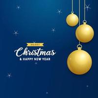 Christmas blue background with hanging shining golden balls. Merry christmas greeting card. Holiday Xmas and New Year poster. web banner vector