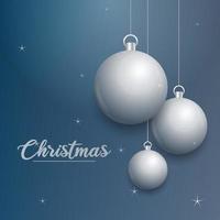 banner de navidad vectorial con decoraciones. texto de feliz navidad. adornos de plata sobre fondo azul vector