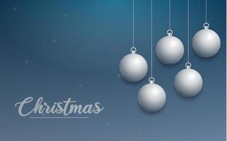 banner de navidad vectorial con decoraciones. texto de feliz navidad. adornos de plata sobre fondo azul vector