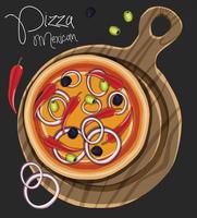 hand drawn pizza on cutting board. Vector