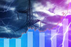 Transmission tower and raising sparkline chart representing electricity prices rise photo