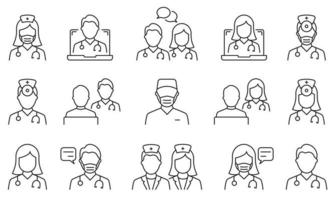 Doctors Line Icon Set. Medic Specialists and Patient Consultation Linear Pictogram. Online Medical Support Outline Icon. Medicine Info Speech Bubble. Editable Stroke. Isolated Vector Illustration.