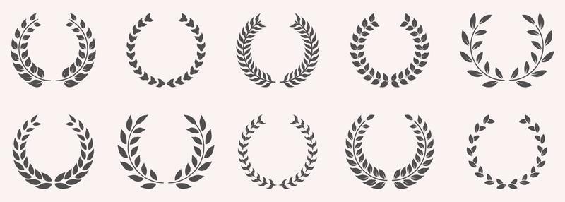 Black Chaplet Nominate Winner Silhouette Icon Set. Twig Achievement Tree Branch Leaf Victory Reward Certified. Circle Black Laurel Wreath Success Pictogram. Glory Crest. Isolated Vector Illustration.