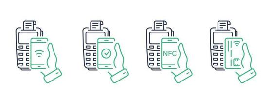 Cashless Payment Transaction with NFC Technology Line Icon. POS Pay Processing Pictogram. Smartphone, Credit Card Payment Process on Terminal Icon Set. Editable Stroke. Isolated Vector Illustration.