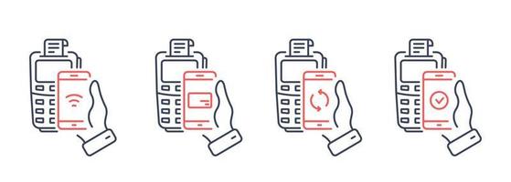 Smartphone NFC Technology Bank POS Processing Line Icon. Process of Payment on Terminal Pictogram Set. Check Cashless Payment Transaction Outline Icon. Editable Stroke. Isolated Vector Illustration.