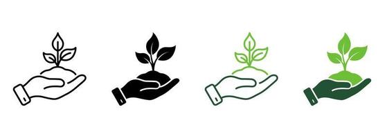 Ecology Organic Seedling Line and Silhouette Icon Set. Growth Eco Tree Environment. Plant in Human Hand Symbol Collection on White Background. Agriculture Concept. Isolated Vector Illustration.
