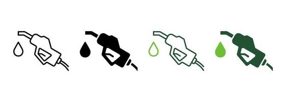 Fuel Nozzle Holder with Hose on Petrol Station Line and Silhouette Icon Color Set. Petroleum Energy Pump on Gas Station Symbol on White Background. Fossil Fill Nozzle. Isolated Vector Illustration.