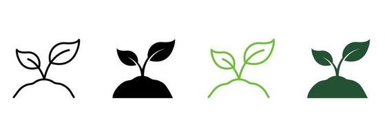 Eco Natural Seed, Agriculture Line and Silhouette Icon Set. Organic Growth Leaf on Soil. Eco Friendly Farm Symbol Collection. Sprout of Plant in Ecology Garden. Isolated Vector Illustration.