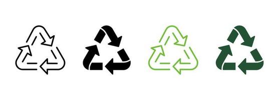 Ecology Reuse Triangle Arrow Line and Silhouette Icon Color Set. Organic Recycle Pictogram. Bio Recycling Natural Symbol Collection on White Background. Organic Waste. Isolated Vector Illustration.