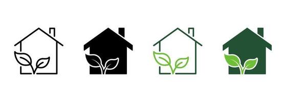 línea de casa verde ecológica y conjunto de colores de iconos de silueta. edificio inmobiliario ecológico con pictograma de hoja. colección de símbolos de la casa bio natural sobre fondo blanco. ilustración vectorial aislada. vector