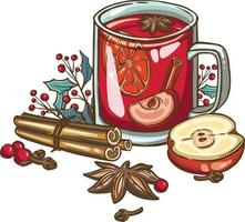 Watercolor Christmas mulled wine. Hand painted wine glass, cinnamon, gingerbread and fir branch isolated on white background. Winter illustration for design, print, fabric. vector