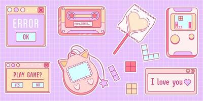 lindo paquete de pegatinas en estilo retro y2k de moda. conjunto de elementos kawaii. glamour años 2000. nostalgia de los años 90-2000. vector