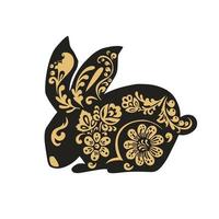 Hare rabbit in Khokhloma painting style, black and gold, vector illustration