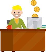 Young man sitting at table with computer and monitor. Gold coin. Salary of freelancer and programmer. Cartoon flat illustration. Online earnings and purchase vector