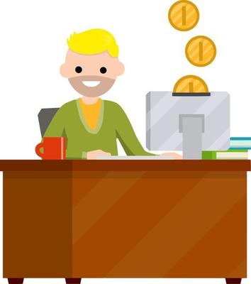 Young man sitting at table with computer and monitor. Gold coin. Salary of freelancer and programmer. Cartoon flat illustration. Online earnings and purchase