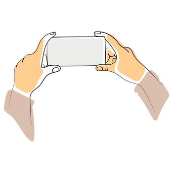 dos manos sosteniendo el teléfono inteligente horizontalmente con pantalla en blanco dibujo lineal minimalista ilustración vectorial.manos humanas usando el elemento de diseño de una sola línea de teléfono móvil .símbolo comunicación de teléfono móvil vector