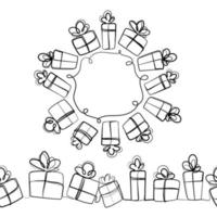 Gift boxes design elements set for holiday decoration.Round frame with gifts and seamless border pattern continuous line drawing vector graphic.Festive packaging.Present.Black and white sketch