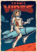 pin up girl astronauta en el cartel del cohete espacial en estilo vintage vector
