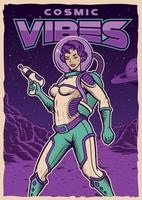 cartel vintage con pin up chica astronauta con arma espacial vector