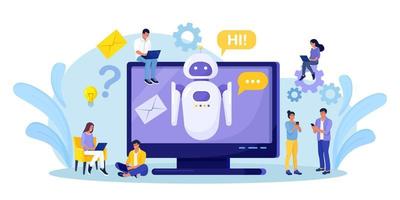 gente diminuta chateando con chatbot en la computadora. asistente de robot ai, atención al cliente en línea. asistente virtual de bot de chat a través de ingeniería de información de mensajería, inteligencia artificial y concepto de preguntas frecuentes vector