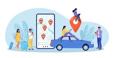 Person use autonomous online car sharing service. Man near smartphone screen with route and points location of car on city map. Online ordering taxi, rent auto. Group of people sharing auto vector