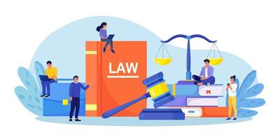 Law and justice. Judge scales and wood judge gavel. Wooden hammer with law code books. Legal and legislative authority. Jury trial, court proceedings vector