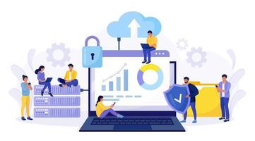 IT specialists administrate cloud service, data storage. Hosting platform. Big data processing, transferring. Online computing technology. Software solutions to share informations on digital network vector