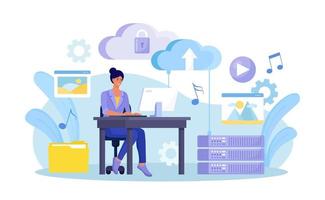 Cloud computing, online database, web hosting. People storing data and processing data on web server. Woman using computer upload and download information on cloud storage. Vector design