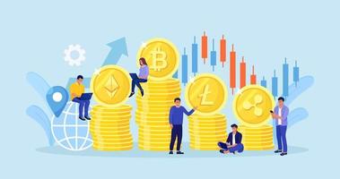 Crypto investor trading and investing. Digital web money based on blockchain technology. Rating of cryptocurrency, currency chart of bitcoin, altcoin, ethereum, litecoin. Stock cryptocurrencies vector