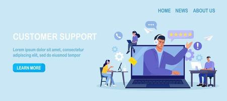 Customer support. Contact us. Man with headphones and microphone talking with clients on laptop screen. Personal assistant service, hotline operator advises customer, online global technical support vector