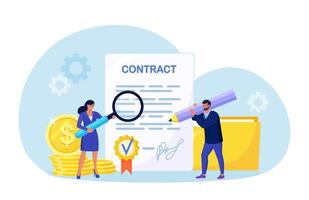 Tiny Business People standing near Contract Document, Reading Privacy Policy, Terms and Conditions. Businessman Signing Contract. Confirming the Agreement. Successful Partnership, Cooperation. vector