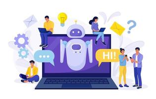 gente diminuta chateando con chatbot en la computadora portátil. asistente de robot ai, atención al cliente en línea. asistente virtual de bot de chat a través de ingeniería de información de mensajería, inteligencia artificial y concepto de preguntas frecuentes vector