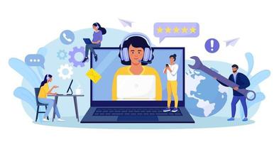 Customer support. Contact us. Woman with headphones and microphone talking with clients on laptop screen. Personal assistant service, hotline operator advises customer, online global technical support vector